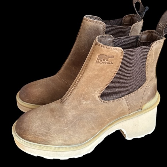 Sorel Chelsea boots Tan Ankle pull on hi line heeled NEW 7.5 leather moto boho - Picture 4 of 13